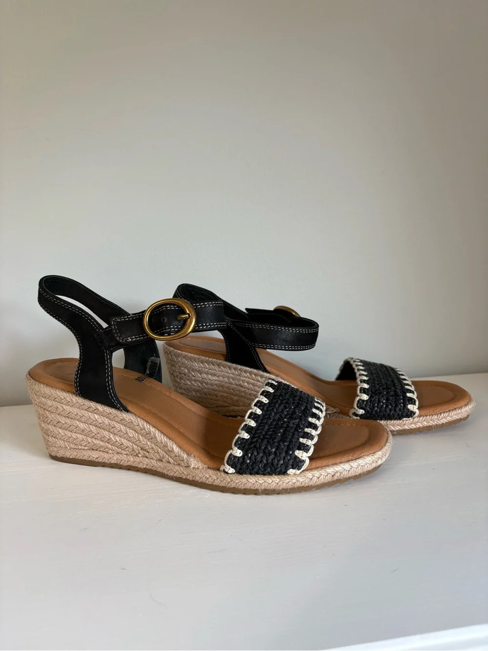 Sofft Inez Black Woven Leather Espadrille Wedge Sandals Size 10 Whipstitch